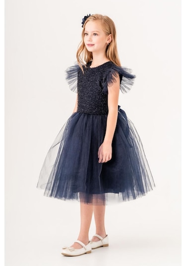 Tüllü Kız Çocuk Kpl Elbise Mnk0526 Koyu Lacivert