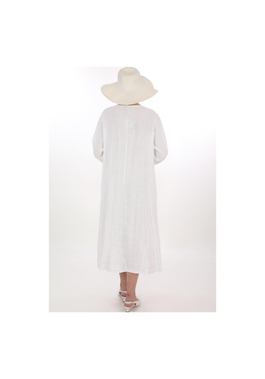 İtalyan V Yaka Uzun Kol Keten Elbise-8907 Beyaz