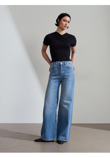 Dilvin 72286 %100 Pamuk Dökümlü Wide Leg Jean-mavi Mavi