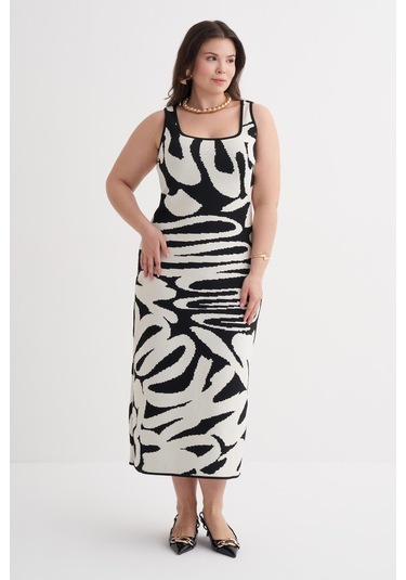 Desenli Triko Elbise-6264 Siyah