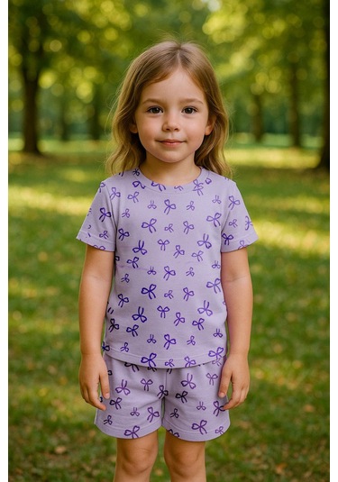 Kız Çocuk %100 Pamuk Kurdela Desenli Şortlu Takım 3-4 Yaş 8-9 Yaş Mor