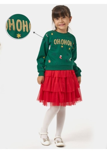 Kız Çocuk Ohom Yazılı Kat Kat Etekli Takım Nbk-24925 Yeşil