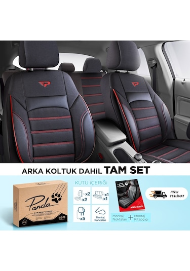 Panda Special Serisi Jakar Kumaş Oto Koltuk Kılıfı - Siyah - Kırmızı