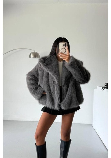 Neşeli Butik Kadın İçi Astarlı İthal Kürk Kaban Nbg111 Antrasit