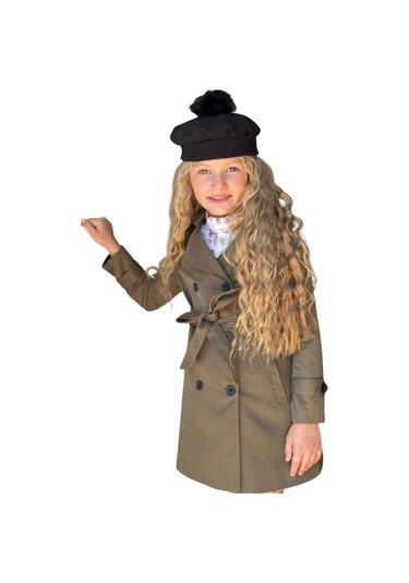 Riccotarz Kız Çocuk Üzeri Dantel İşlemeli Elbise Çift Cep Detaylı Kemerli Yeşil Trençkot Yeşil