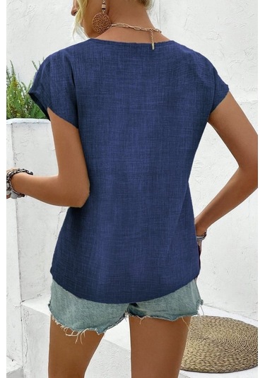Simala Kadın Kısa Kollu V Yakalı Düğmeli Keten Bluz Mavi