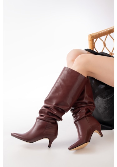 Sr-2001 Bordo İnce Topuklu Günlük Bayan Çizme Bordo
