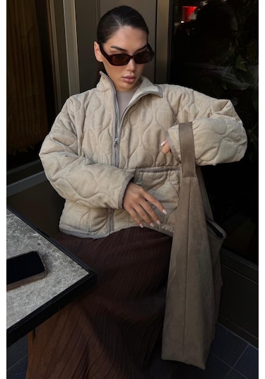 Bej Dik Yaka Kapitone Kadın Mont Mg2568 Bej