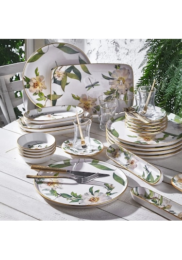 Fecra Floranda 35 Parça Gold Fileli Kahvaltı Seti Beyaz