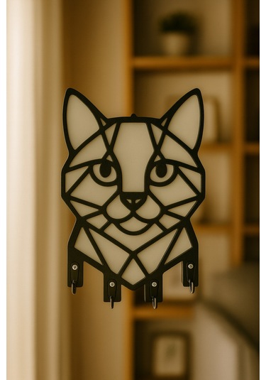 Kedi Figürlü Duvar Tipi Dekoratif Anahtarlık Askılığı Siyah - Beyaz