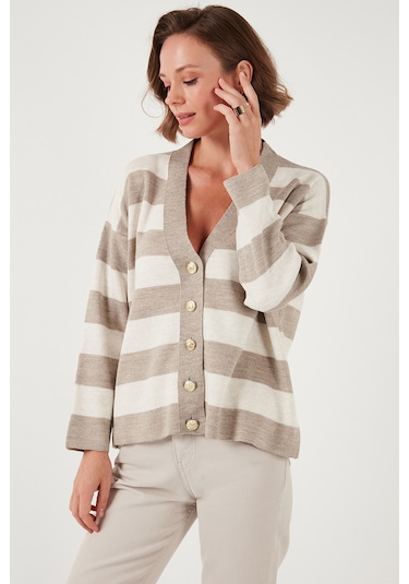 Lela Regular Fit Çizgili V Yaka Düğmeli Soft Akrilik Bayan Hırka 4615188 Vizon-Taş