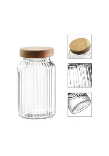 Bambu Kapaklı Cam Çizgili Erzak Kavanozu 3700 Ml Şeffaf