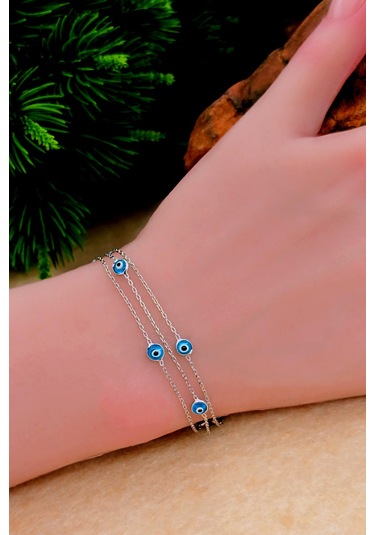 Silvera Telkari Nazar Boncuklu Gümüş Bileklik Cam Göz Nazar Üç Zincirli Gümüş Bileklik 925 Ayar St376 Gümüş