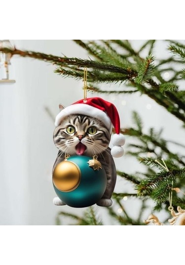 Canlı Renk Süper Sevimli Araba Kedi Santa Charm Akrilik Şapka Yavru Noel Ağacı Asılı Dekorasyon H