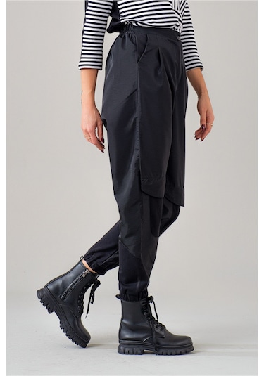 Bold & Young Kadın Siyah Polyamid Karışımlı Beli Lastikli Paça Lastikli Paraşüt Pantolon Siyah