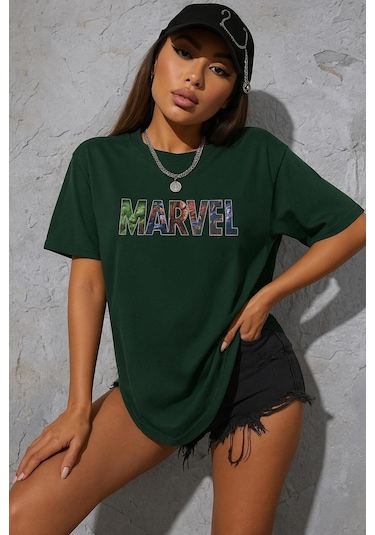 Marvel Baskılı Oversize T-shirt Yeşil
