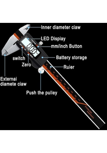 Pazly 0-150mm Dijital Elektronik Paslanmaz Çelik Gövde Sürmeli Kumpas, 3 Birim Mm/inç/f Diğer