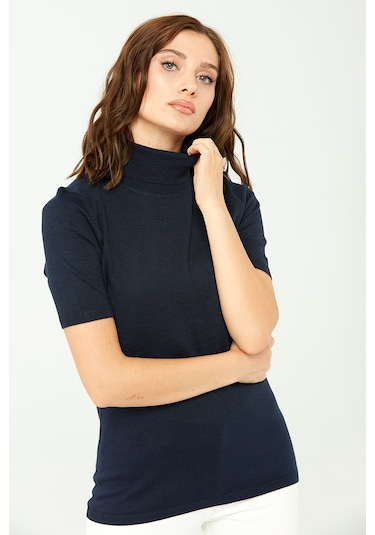 Desen Triko Kadın Likralı Kısa Kollu Tam Balıkçı Bluz 20346 Koyu