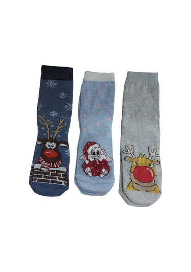 3'lü Set Pamuklu Yılbaşı Kadın Soket Çorap-mavi Mavi