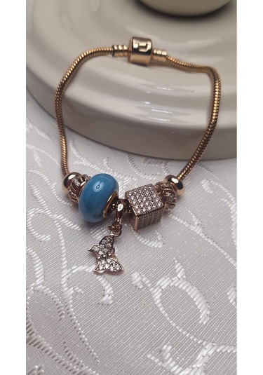 Uzel Xuping Gold Altın Renk Küp Taşlı, Mavi Boncuklu, Taşlı Kelebek Charmlı Çelik Bileklik Mavi