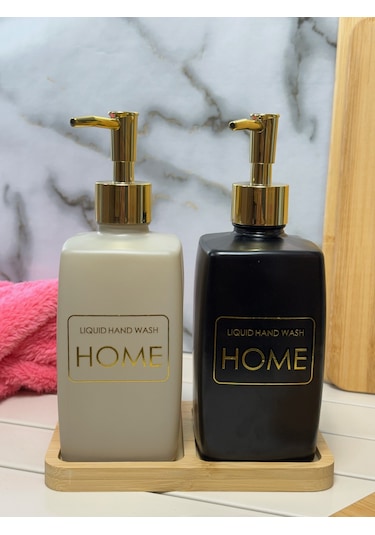 Kapris Bambulu Kare Cam Sabunluk Seti 2'li Siyah - Taupe