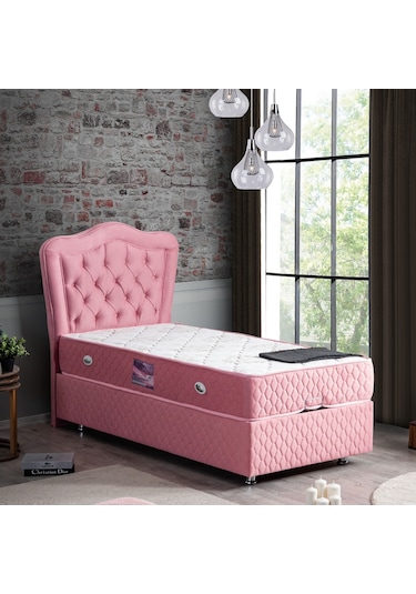 Setaymobilya Baza, Camelli Pembe Tek Kişilik Baza + Başlık + Ortopedik Yatak