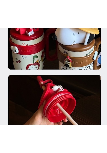 Pazly Snoopy Taşını Büyük Kapasiteli 800ml Termos Hasır Fincan Kırmızı Kırmızı