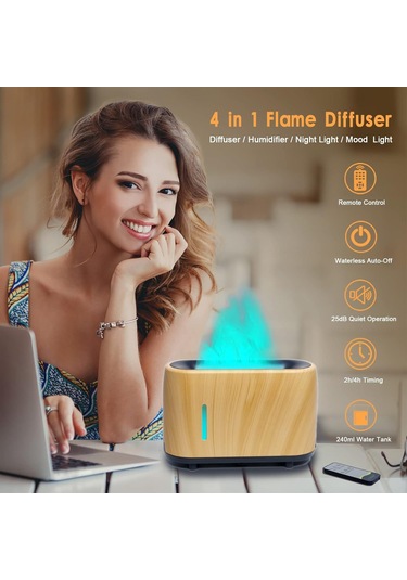 Alev Difüzör Nemlendiricisi 7 Alev Renkleri, Susuz Otomatik-off Korumalı Uçucu Yağ Aroma Terapisi Difüzör, Ev İçin Yangın Havası Difüzörü, Ofis, Yatak Odası Ahşap Tahıl