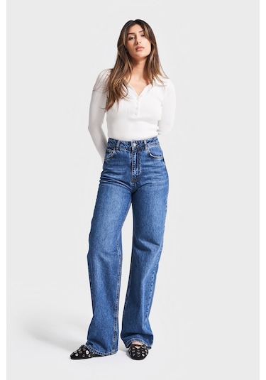 Itsbasic Kadın Mavi Renk Doris 2w5-5 Straight Fit Yüksek Bel %100 Koton İç Boy 80cm Denim Jean Mavi1