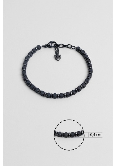 Gri Hematit Taşlı Ayarlanabilir Erkek Çelik Üçlü Bileklik Seti Siyah