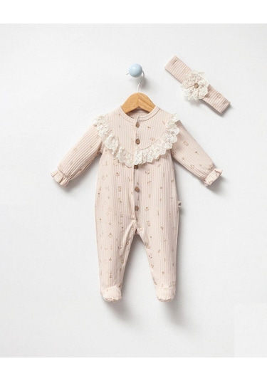 By Bubbles Natural Dantel Detaylı Önden Açmalı Kız Bebek Tulum Somon