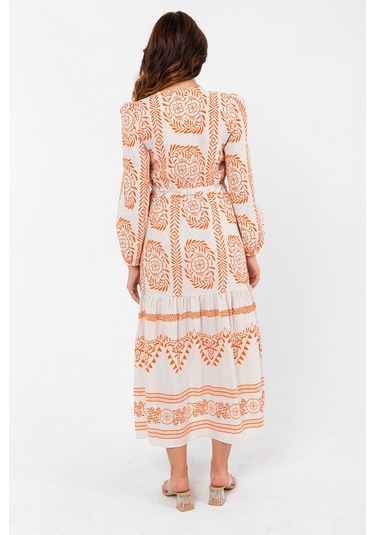 İnce Yaprak Dalı Desenli Yazlık Baharlık Keten Elbise 2102 Turuncu