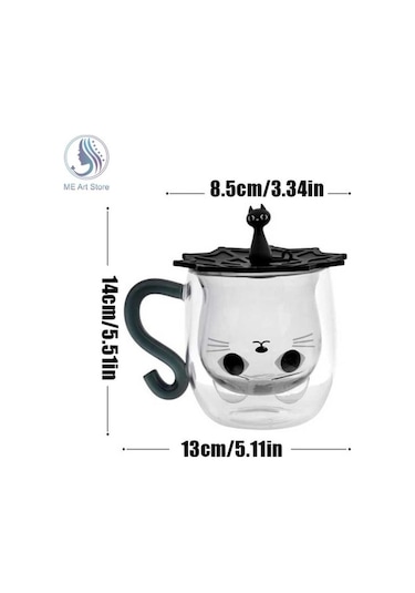 Createtech Çift Duvar Cam Kedi Şekli Bardağ Kaşık Fincan Seti Şeffaf, Kapaklı, Ev Ofis Şeffaf