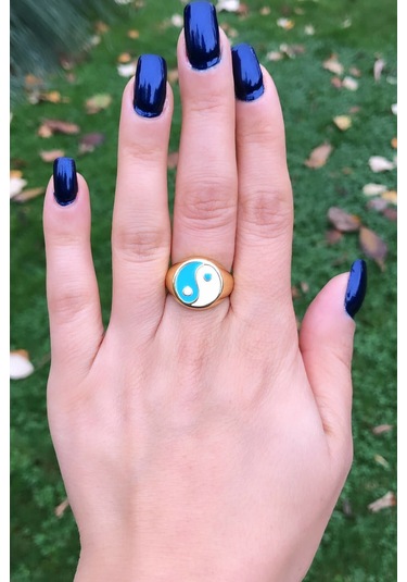 Niki Aksesuar Mavi Beyaz Renk Ying Yang Yüzük - Ayarlamalı Mavi - Beyaz