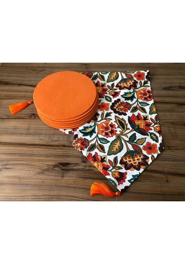 Çiçekli Şal Desenli Runner & Turuncu Düz Supla Çok Renkli