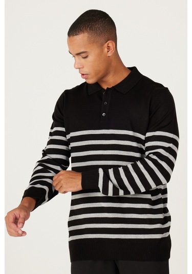 AC&Co / Altınyıldız Classics Erkek Sıyah-antrasıt Standart Fit Normal Kesim Polo Yaka Çizgili Triko Kazak Siyah - Antrasit