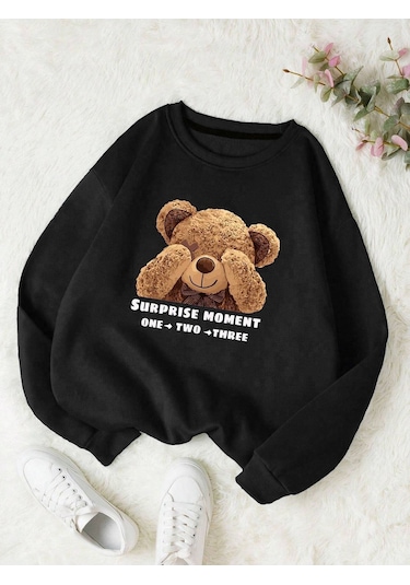 Suprise Moment Bear Sweatshirt - Siyah Baskılı Oversize Kışlık Kalın Bisiklet Yaka Siyah