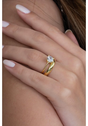 Takı Dükkanı Gold Renk 4mm Gümüş Alyans Ve Gümüş Tektaş Yüzük Seti Wsr120