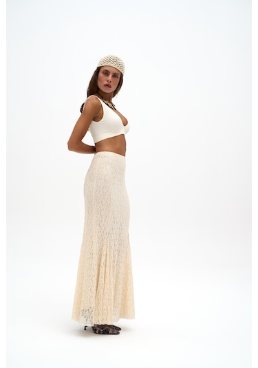 Veylia Uzun Bej Dantel Etek Bej