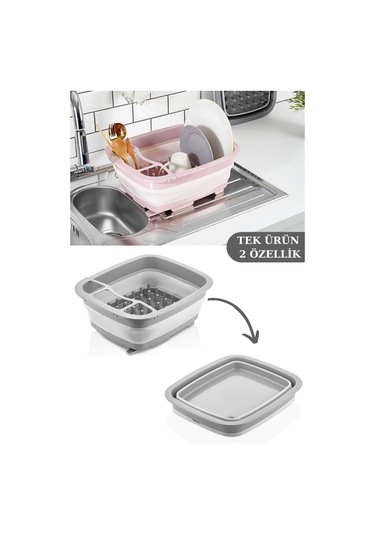 Flosoft Katlanabilir Bulaşıklık Ve Badya, Akordiyon Kaşıklık Bölmeli Tabaklık Kurutmalık Badya Gri