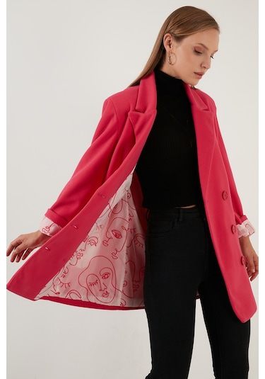 Lela Oversize Çift Düğmeli Cepli Uzun Bayan Kaban 6230058 Fuşya
