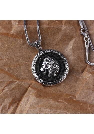 Otantik Motifli Zirkon Taşlı Gümüş Aslan Kolye Gümüş