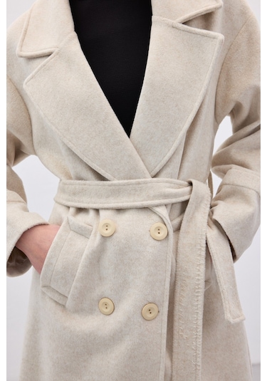Sateen Beli Bağlamalı Uzun Kaban - Taş-136633 Taş