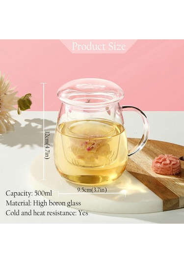 Yaozixa Borosilikat Cam Şişe, Filtreli Ve Kapaklı, 500ml, Yüksek Sıcaklığa Dayanıklı, Çay/içecek Hazırlama, Mantar Desenli, Günlük Kullanım Şeffaf
