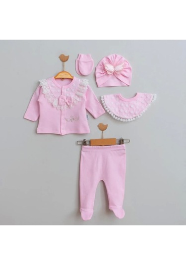 Melek Kanatlı 5'li Kız Bebek Hastane Çıkış Seti Pembe Pembe