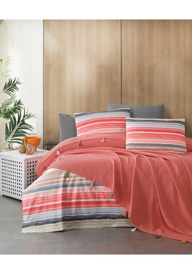 Valeria Tassel Kiremit Renkli Çift Kişilik Püsküllü Pike Takımı Kiremit