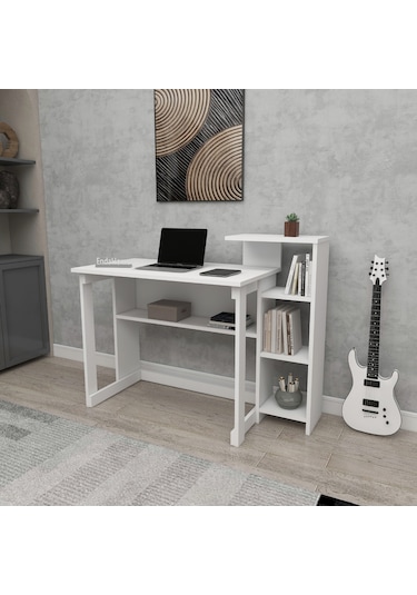 Saye 5 Raflı Kitaplıklı Çalışma Masası Beyaz Mat Beyaz