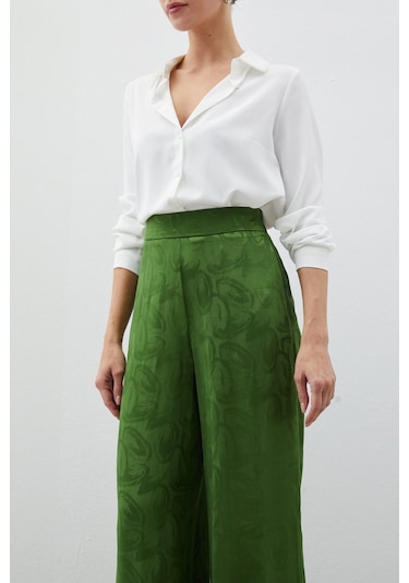 Sateen Jakarlı Salaş Pantolon - Yeşil