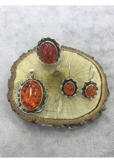 Kehribar Taşlı Gümüş Set 925 Ayar (372671266)