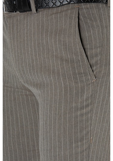 Açık Kahve Çizgili Slim Fit Pamuklu İtalyan Kesim Pantolon Açık Kahve